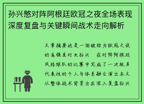 孙兴慜对阵阿根廷欧冠之夜全场表现深度复盘与关键瞬间战术走向解析 孙兴慜对阵阿根廷欧冠之夜全场表现深度复盘与关键瞬间战术走向解析