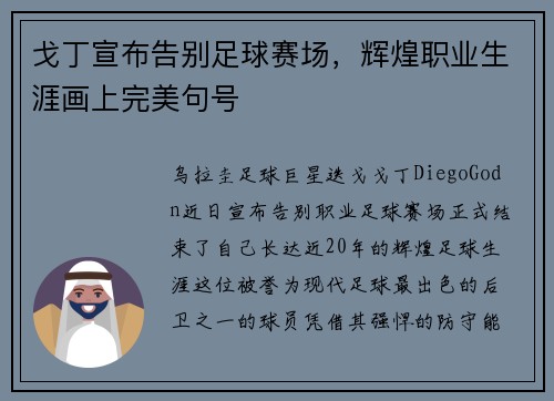 戈丁宣布告别足球赛场，辉煌职业生涯画上完美句号